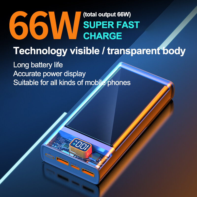 Transparent 66W Fast Charging Power Bank 20000mAh Type C Portable Outdoor Travel Cell Mobile Phone Power Bank