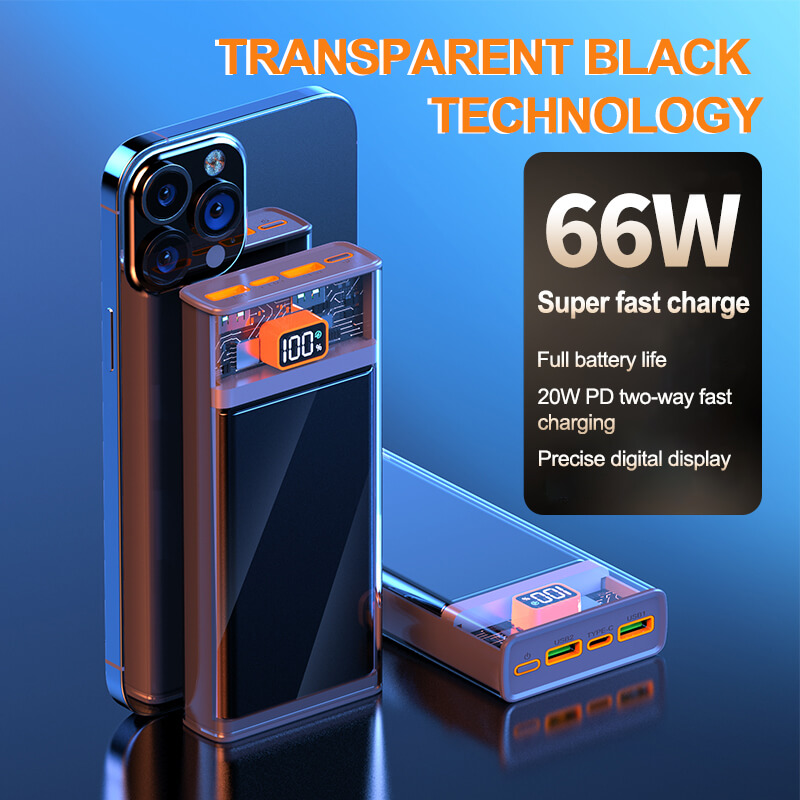 Transparent 66W Fast Charging Power Bank 20000mAh Type C Portable Outdoor Travel Cell Mobile Phone Power Bank