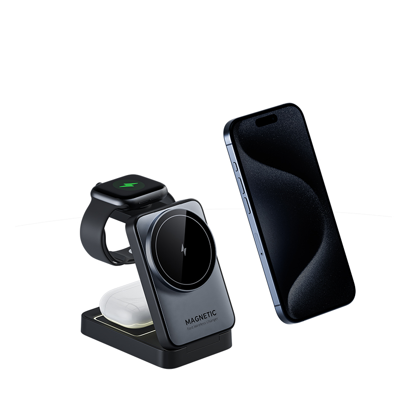 Hot Sale 15W 3 in 1 Magnetic Wireless Charger Phone Foldable Qi Wireless Charger Holder for Smart Watch Earbuds Earphone iPhone