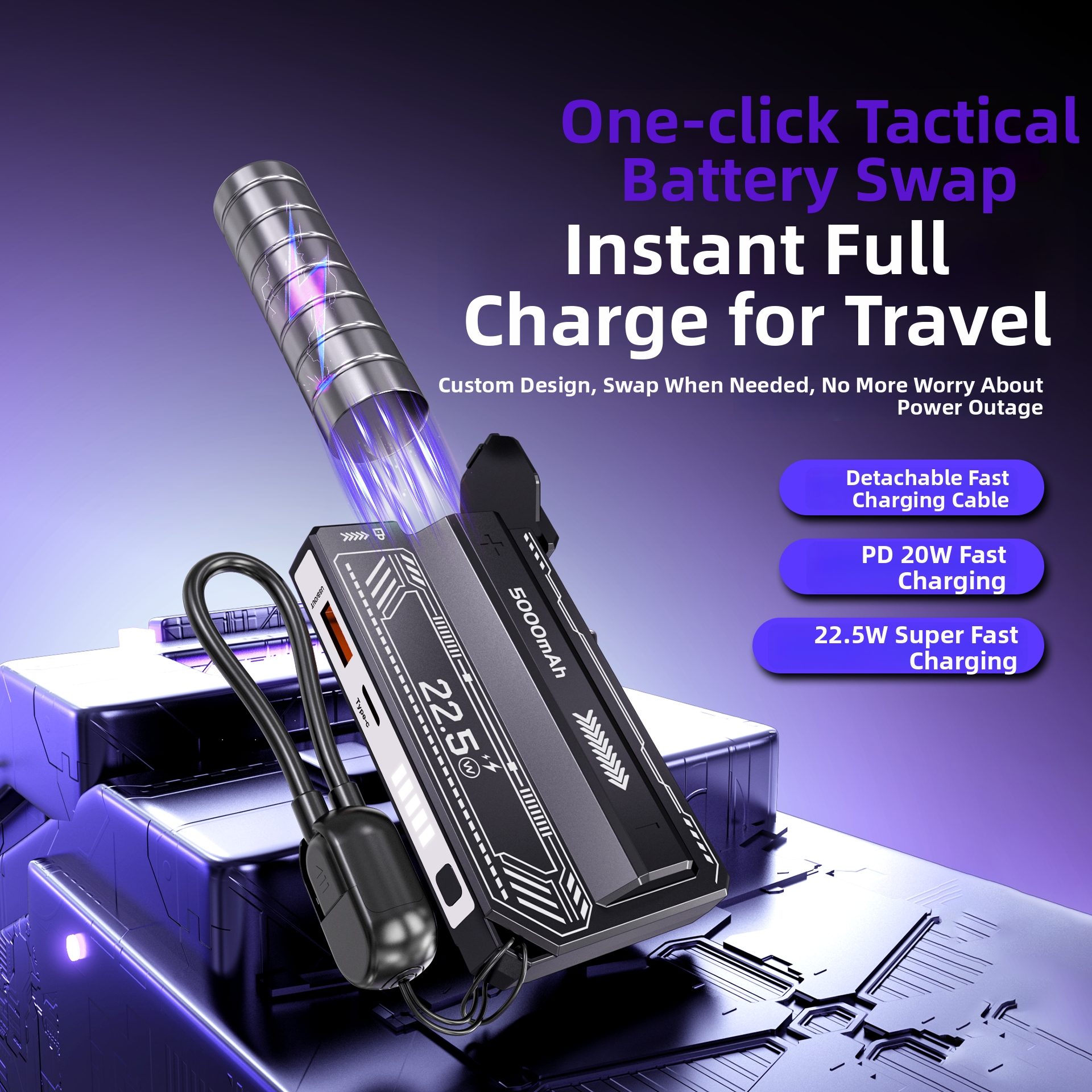 2026 New Design 5000mAh Detachable Power Bank Fast Charging Replaceable Li-Ion Battery Pack 22.5W Detachable Power Bank