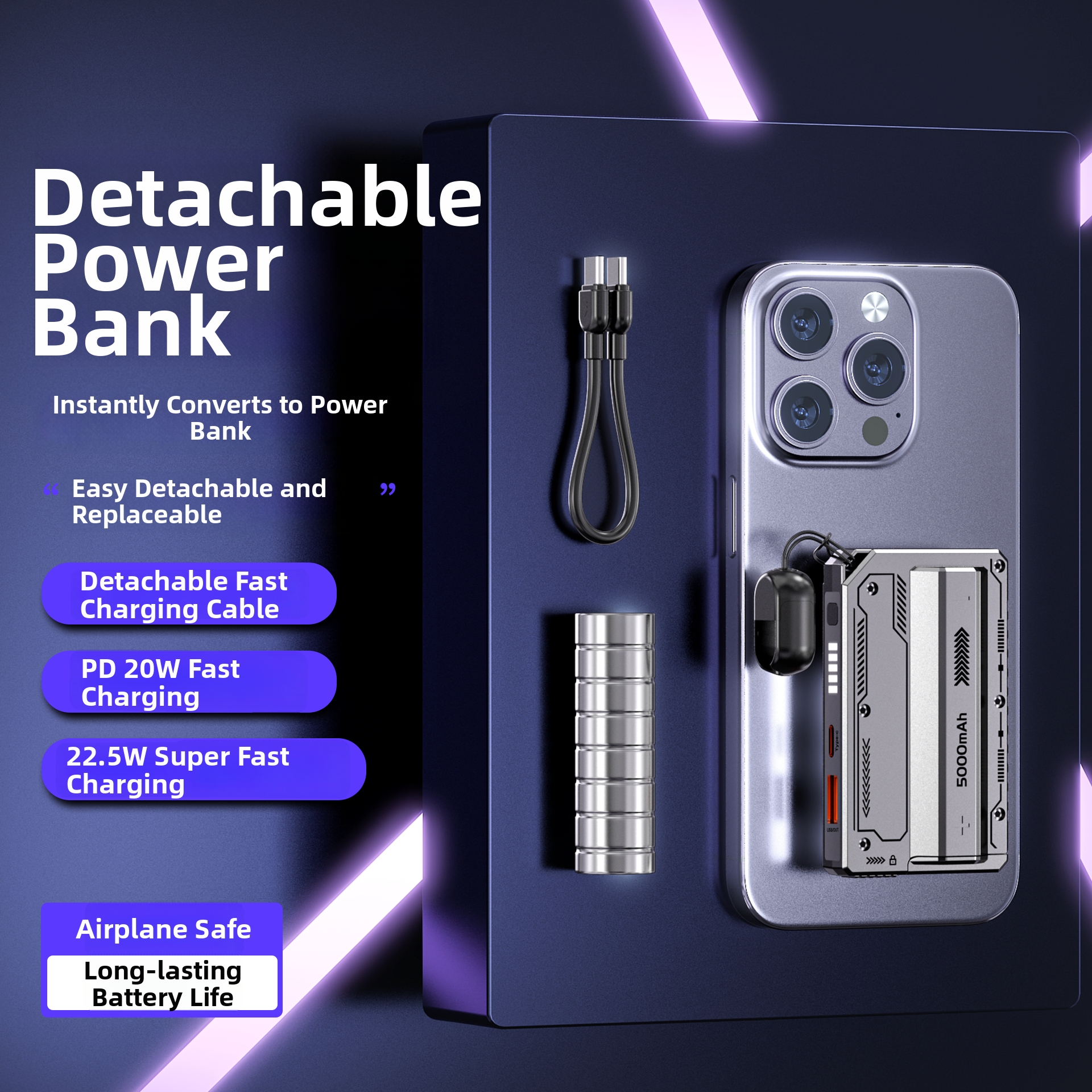2026 New Design 5000mAh Detachable Power Bank Fast Charging Replaceable Li-Ion Battery Pack 22.5W Detachable Power Bank