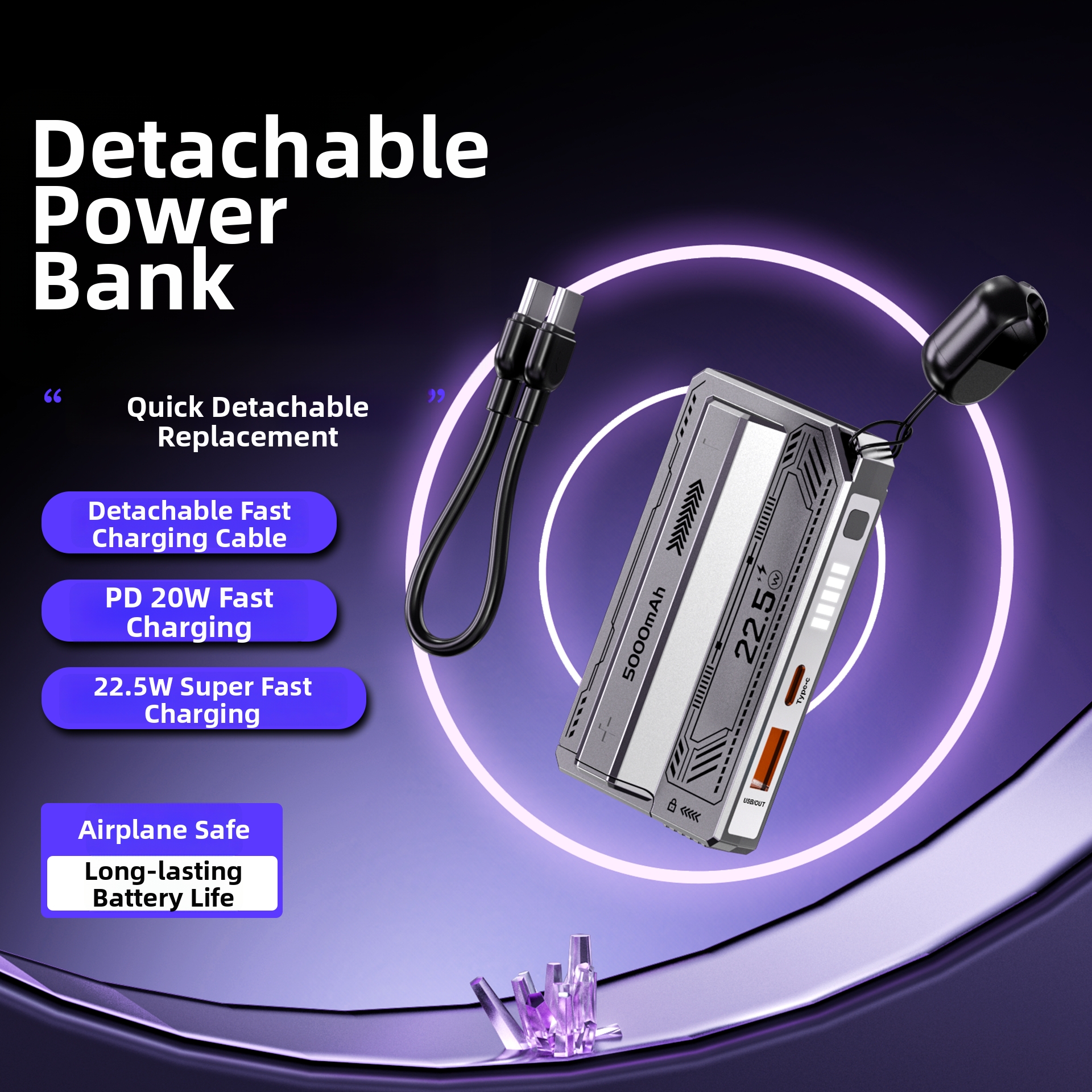 2026 New Design 5000mAh Detachable Power Bank Fast Charging Replaceable Li-Ion Battery Pack 22.5W Detachable Power Bank