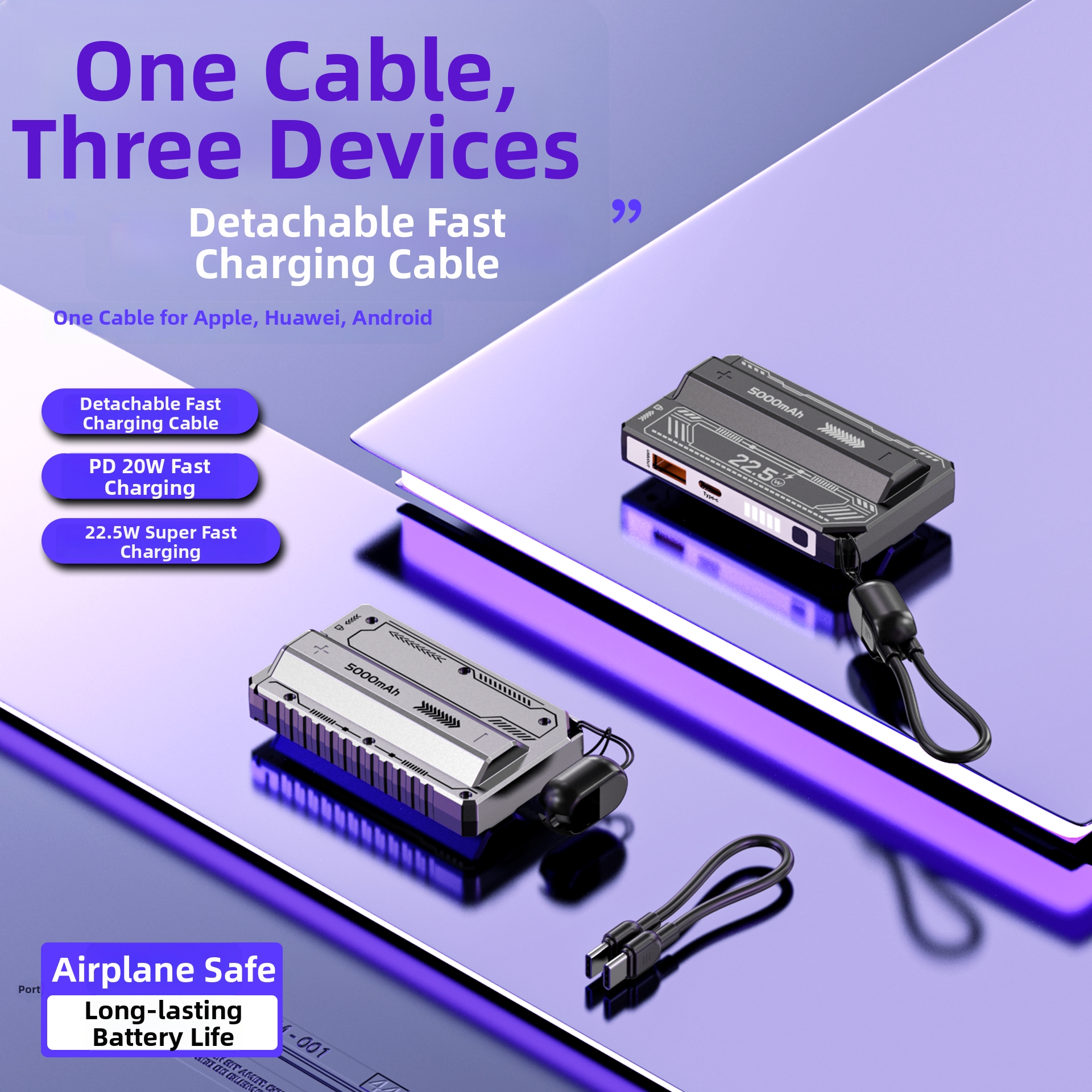 2026 New Design 5000mAh Detachable Power Bank Fast Charging Replaceable Li-Ion Battery Pack 22.5W Detachable Power Bank