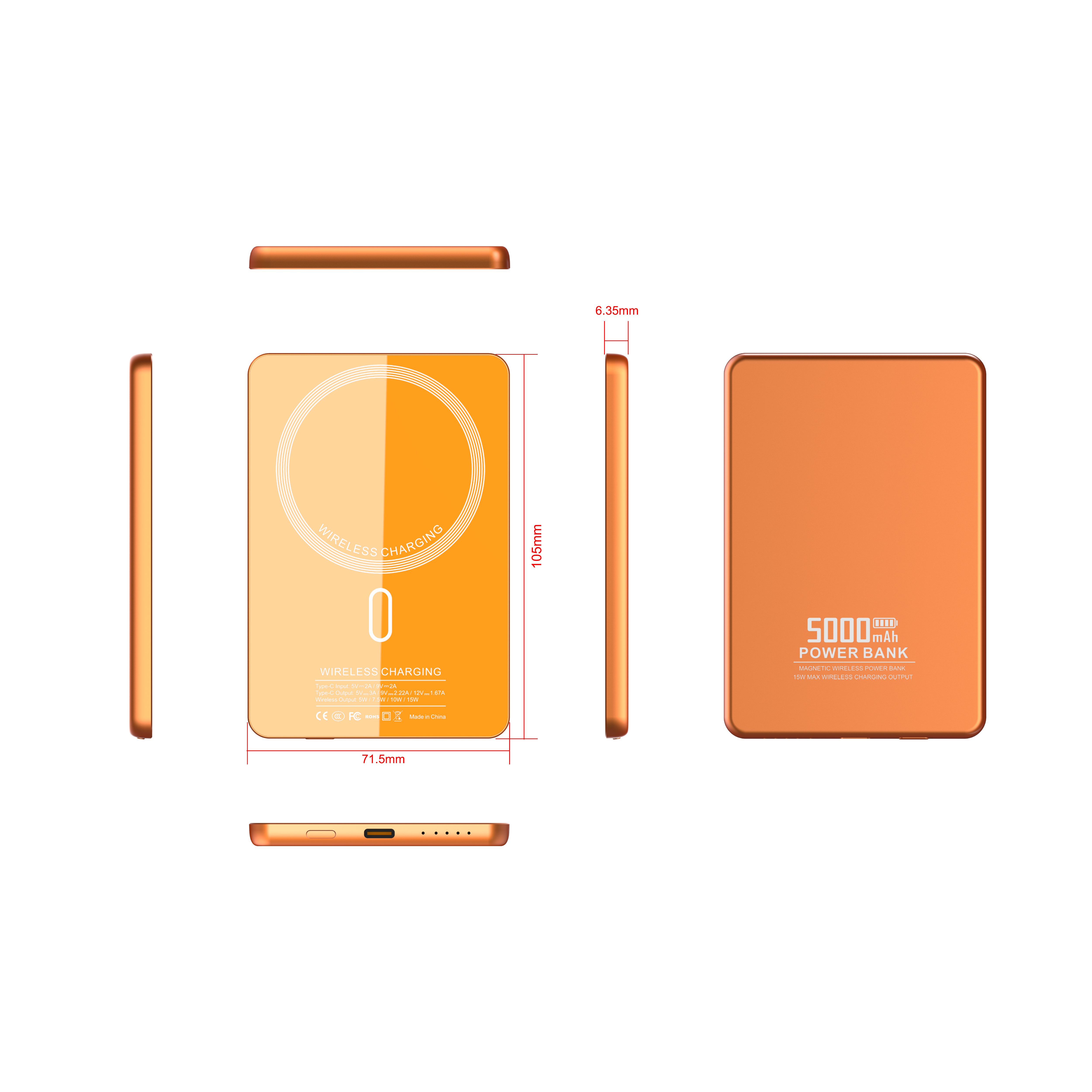 Ultra-thin 6.35mm 15W Magnetic Wireless Charging 5000mAh PD20W Fast Charging Portable Power Bank