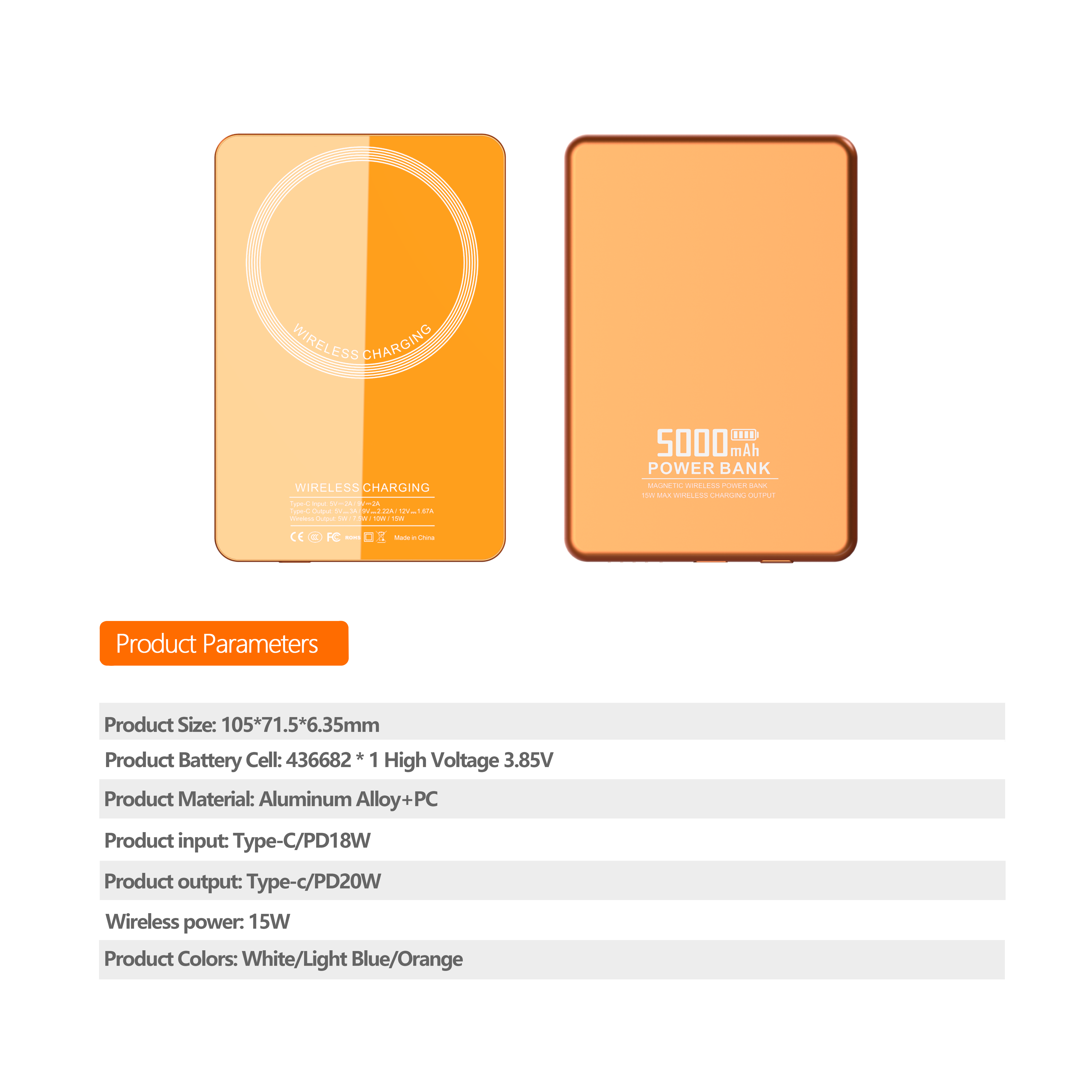 Ultra-thin 6.35mm 15W Magnetic Wireless Charging 5000mAh PD20W Fast Charging Portable Power Bank