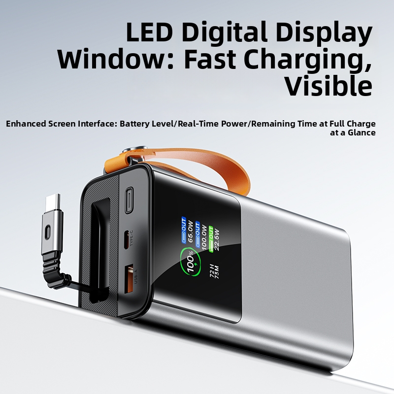 OEM LOGO 30000mAh Li-ion Power Battery Charger Built-in USB-C Cable PD100W with LED Display for Macbook Mobile Laptops