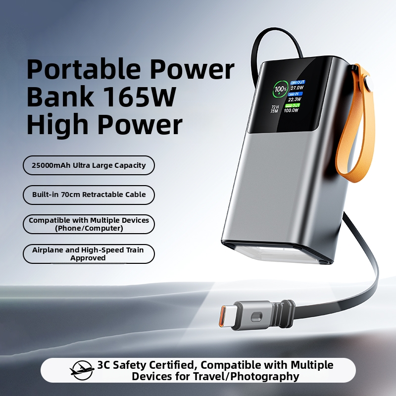 OEM LOGO 30000mAh Li-ion Power Battery Charger Built-in USB-C Cable PD100W with LED Display for Macbook Mobile Laptops