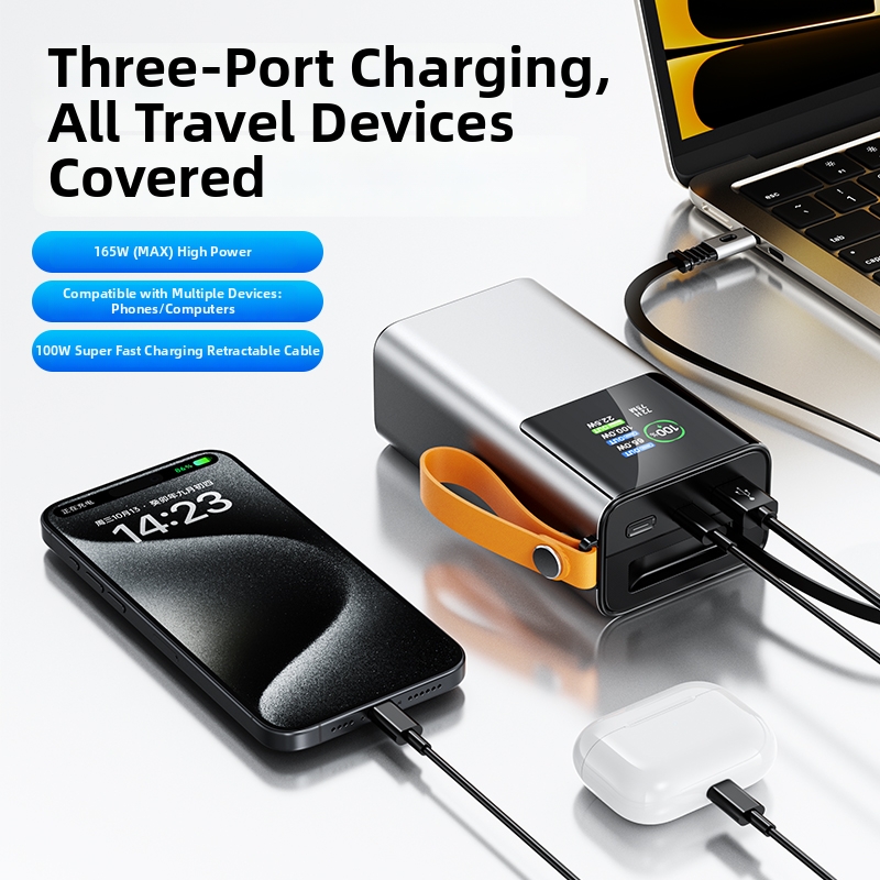 OEM LOGO 30000mAh Li-ion Power Battery Charger Built-in USB-C Cable PD100W with LED Display for Macbook Mobile Laptops