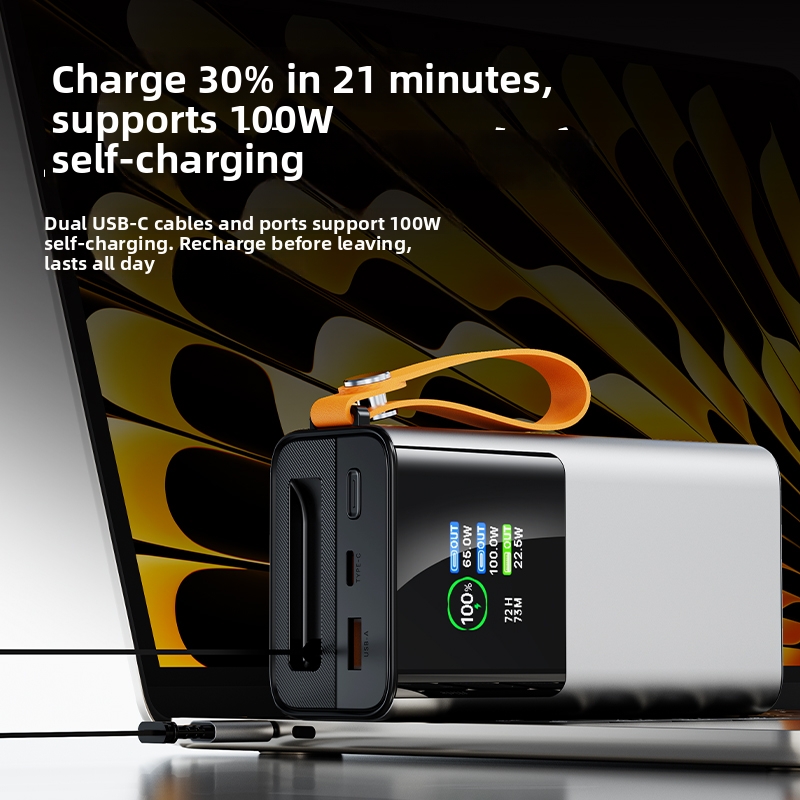 OEM LOGO 30000mAh Li-ion Power Battery Charger Built-in USB-C Cable PD100W with LED Display for Macbook Mobile Laptops