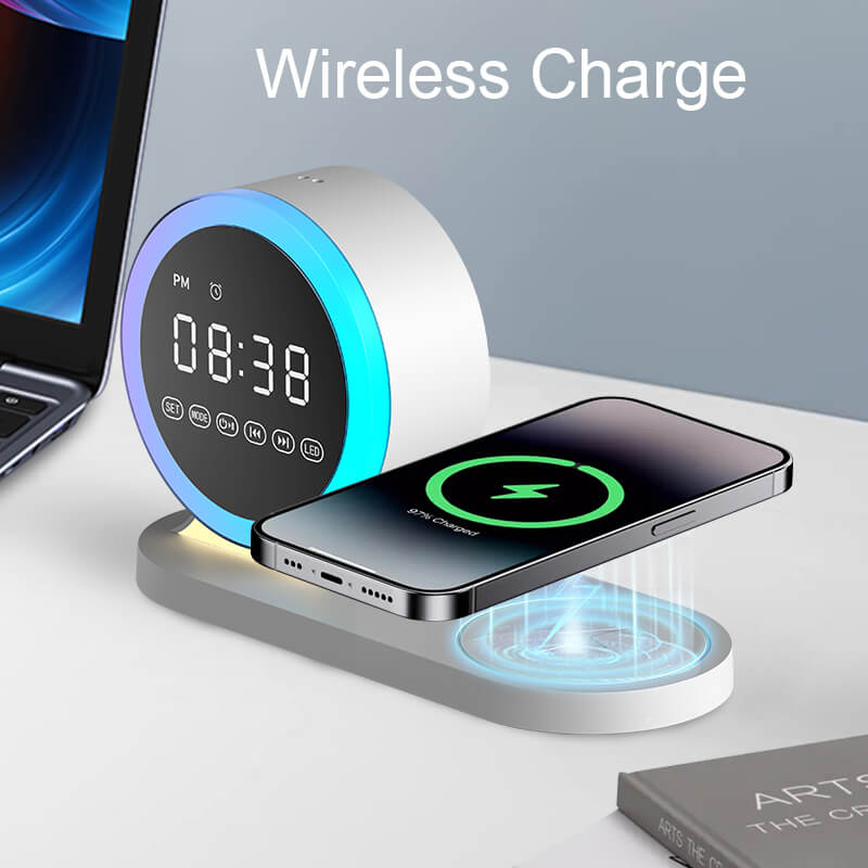 Multi-Function Alarm Clock Wireless Charger Bluetooth Speaker With Removable night Light 15W Wireless Fast Charging