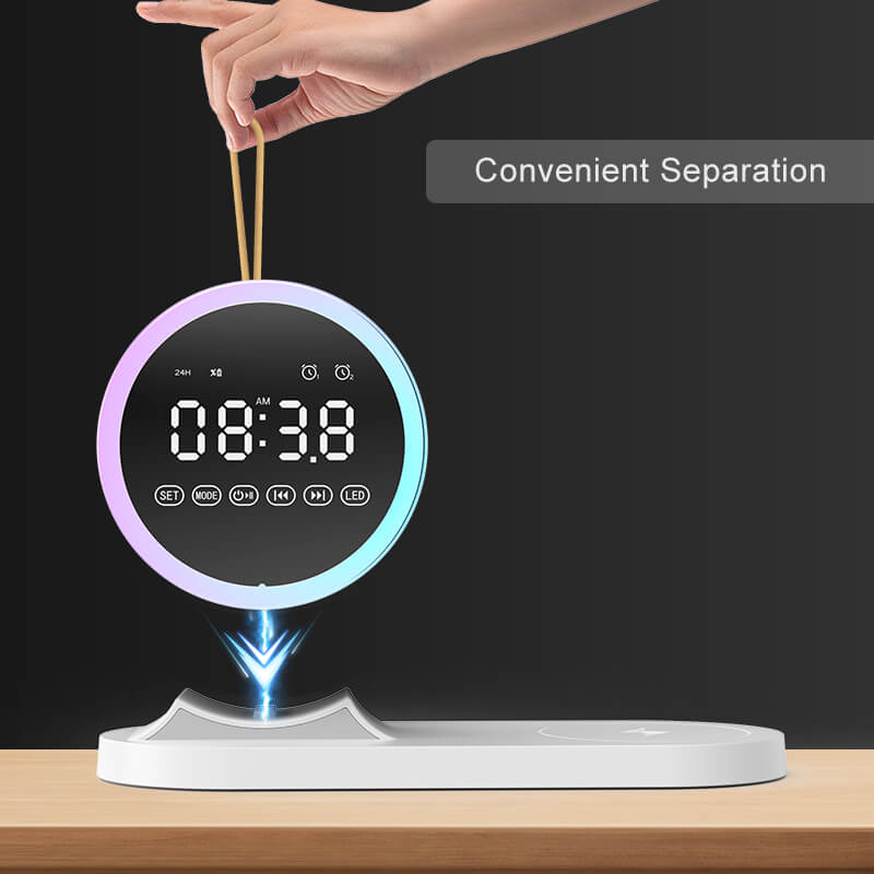 Multi-Function Alarm Clock Wireless Charger Bluetooth Speaker With Removable night Light 15W Wireless Fast Charging