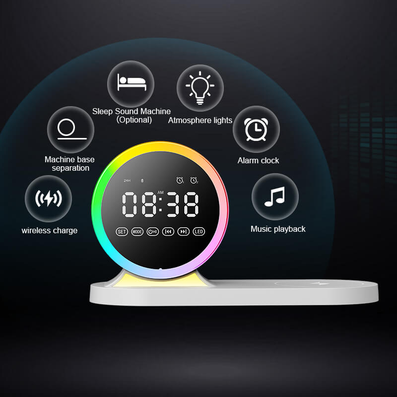 Multi-Function Alarm Clock Wireless Charger Bluetooth Speaker With Removable night Light 15W Wireless Fast Charging