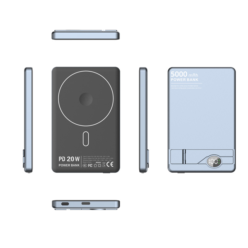 New Arrival PD20W 5000mAh LCD Display Power Bank Aluminum case Phone Holder Magnetic Wireless Power Bank