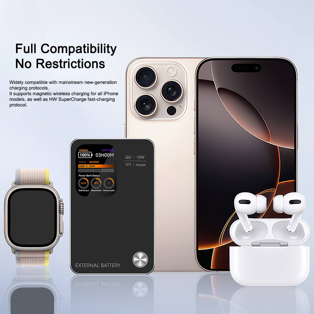 TFT Screen 5000mah Compact Outdoor OEM 20W Super Fast Charging Wireless Power Bank for Phones/Watches/Earbuds