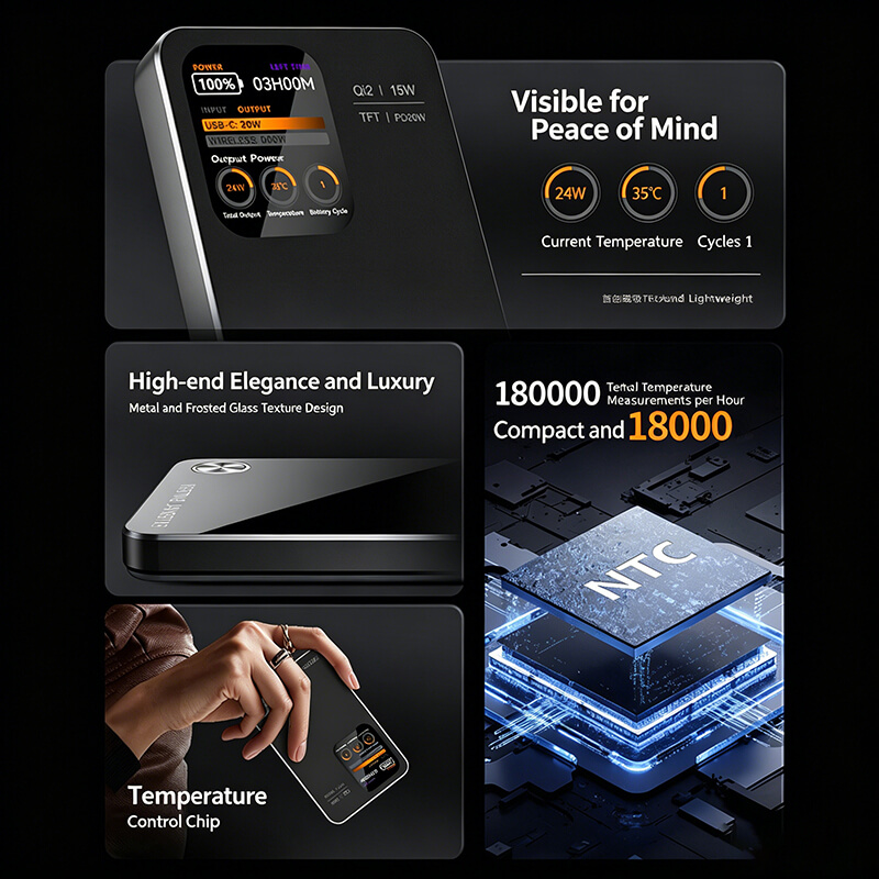 TFT Screen 5000mah Compact Outdoor OEM 20W Super Fast Charging Wireless Power Bank for Phones/Watches/Earbuds