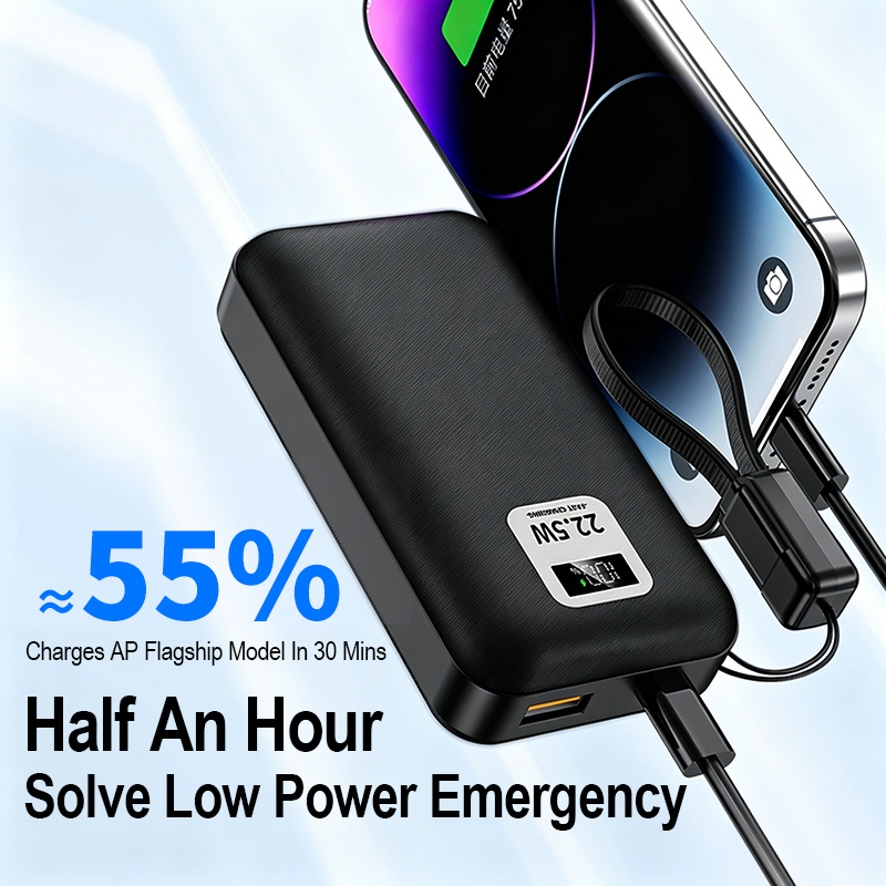 Custom Capacity Detachable Cell Power Bank 10000mAh Built-in Lanyard Cable 22.5W Fast Charge 9 Layer Safety Digital Screen Power Bank