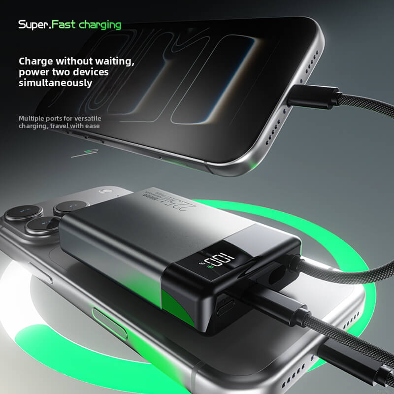 Built-in Braided Type-C Cable Power Bank 22.5W Two Way Fast Charge Digital Display 5 Color Mini Portable Travel Power Bank