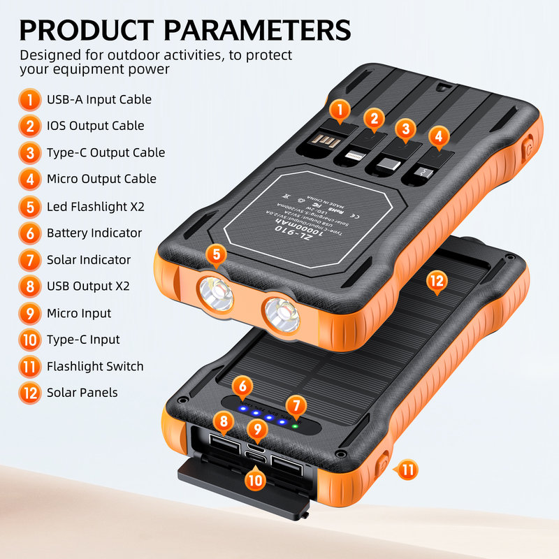 Solar Power Bank, 10000mAh, 4 Built-in Cables, 25mm Slim SL-910